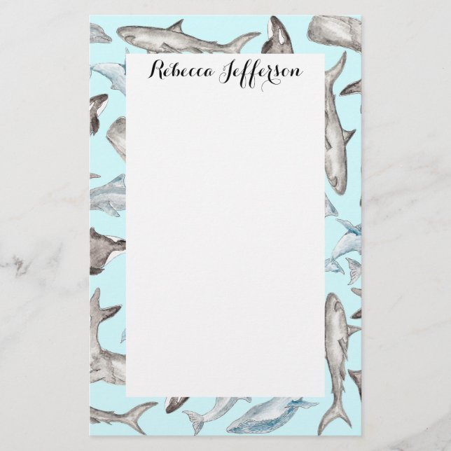 Oceanic Watercolor Fishes in Blue Black White Grey Stationery (Front)
