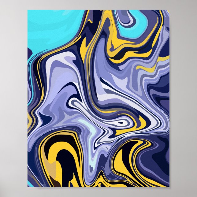 Oceanic Waves - Abstract Blue and Yellow Fluid Art Poster (Front)