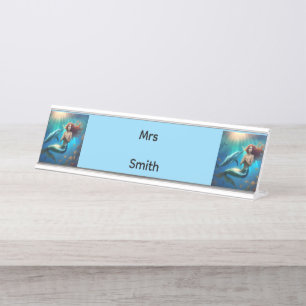 "Ocean's Dance: A Mermaid and Dolphins' Journey" Desk Name Plate