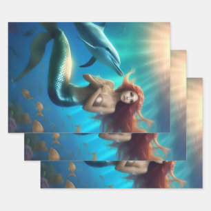 "Ocean's Dance: A Mermaid and Dolphins' Journey" Wrapping Paper Sheet
