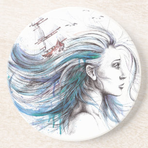 "Oceans" Girl surreal original art Drink coaster