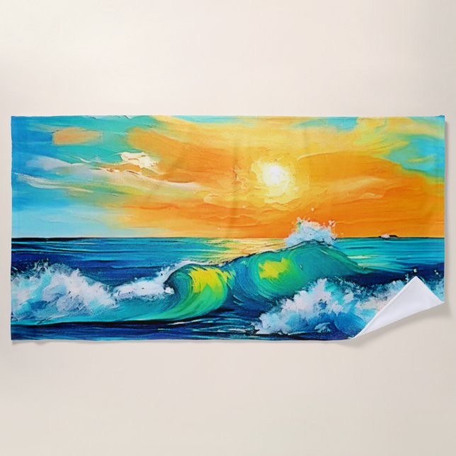 Ocean's Kiss: Sunset Waves Beach Towel (Front)