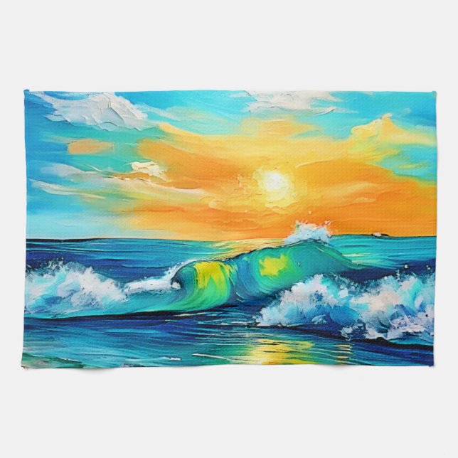 Ocean's Kiss: Sunset Waves Tea Towel (Horizontal)