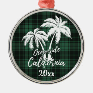 Oceanside Beach California Palm Tree Green Plaid Metal Tree Decoration