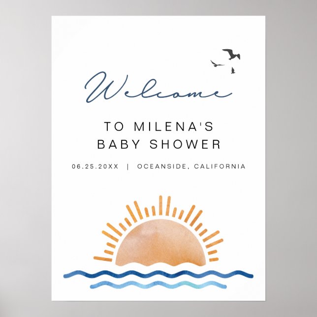 OCEANSIDE Beach Ocean Sunset Baby Shower Welcome Poster (Front)
