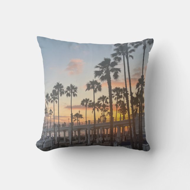 Oceanside California Orange Sunset Palm Trees Cushion (Front)