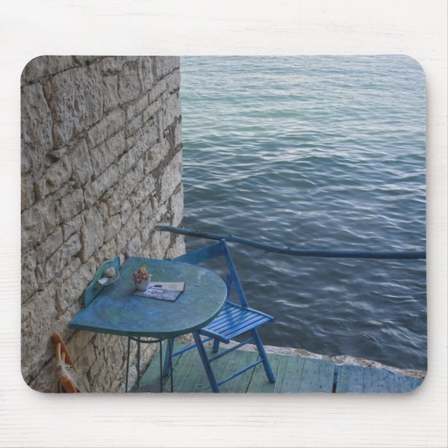 Oceanside seating for two at tiny outdoor cafe, mouse pad (Front)