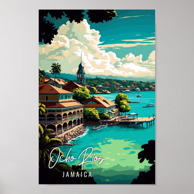 Ocho Rios Jamaica vintage travel illustration Poster (Front)