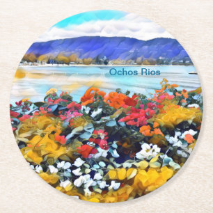 Ochos Rios Neon Pop Art Floral Round Paper Coaster