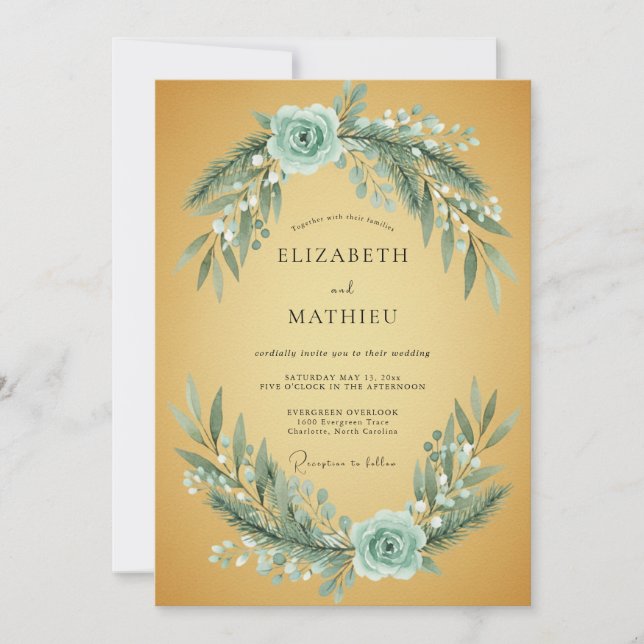 Ochre Aqua Foliage Eucalyptus Wedding Invitation (Front)
