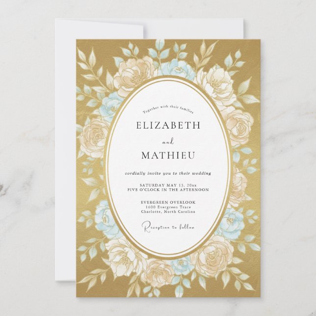 Ochre Aqua Peony Wedding Invitation (Front)