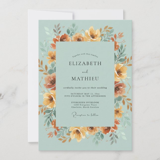 Ochre Aqua Wildflower Wedding Invitation (Front)
