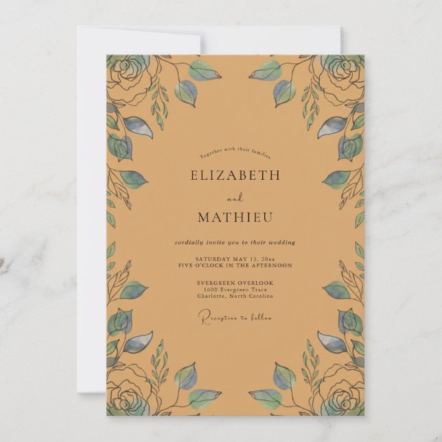 Ochre Azure Leaf Wedding Invitation (Front)