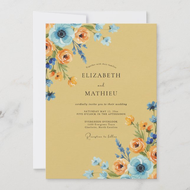 Ochre Azure Ranunculus Dusty Eucalyptus Wedding Invitation (Front)