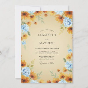 Ochre Azure Sunflower Eucalyptus Wedding Invitation