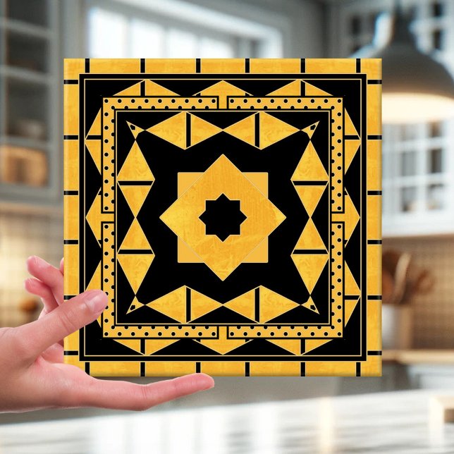 Ochre Black Geometric Bathroom Tile (Ceramic tile featuring a stylish geometric pattern in ocher and black with a touch of gold.)