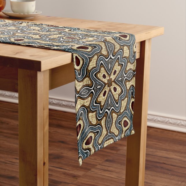 Ochre Brown Red Teal Blue Hip Bohemian Bali Art Medium Table Runner (In Situ)