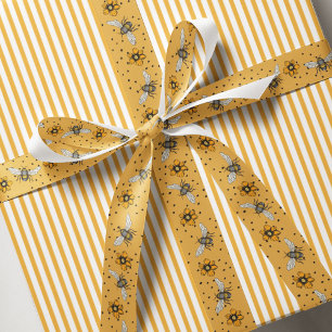 Ochre Buzzing Bees & Cosmos Flower Blooms Grosgrain Ribbon