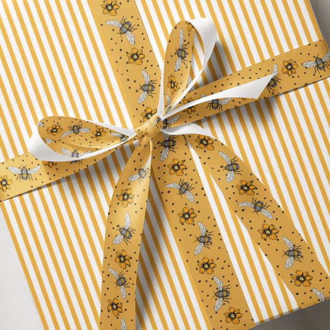 Ochre Buzzing Bees & Cosmos Flower Blooms Grosgrain Ribbon (Elegant Floral Ochre Yellow Bee Ribbon. Yellow & Black Honeybees, Orange Flowers & Black Polka Dots)