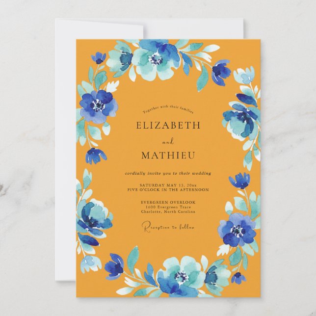 Ochre Cobalt Anemone Wedding Invitation (Front)