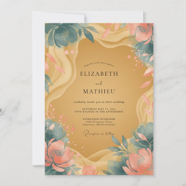 Ochre Coral Blossom Wedding Invitation (Front)