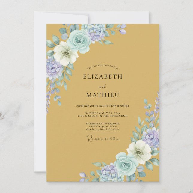 Ochre Cornflower Peony Wedding Invitation (Front)
