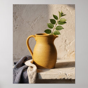 Ochre Earthenware Pitcher and Linen Still Life Poster