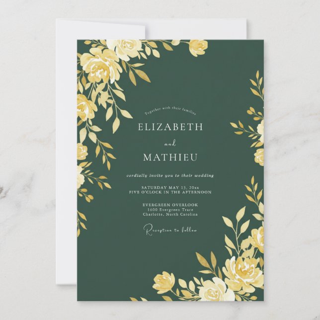 Ochre Emerald Leafy Wedding Invitation (Front)