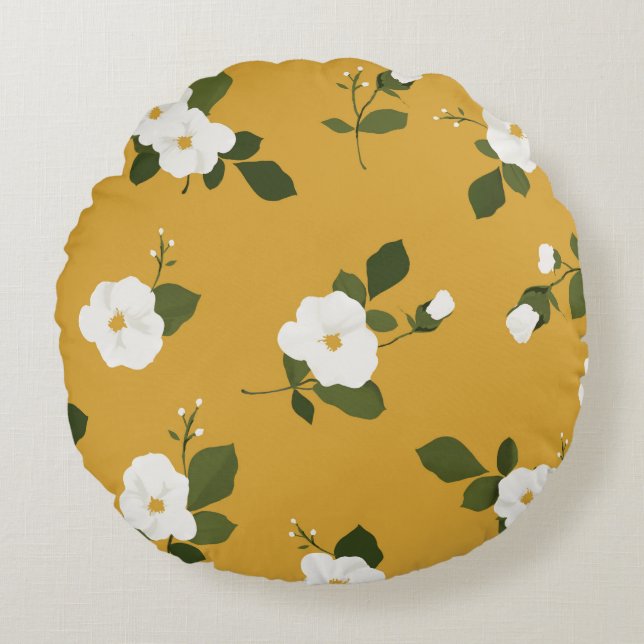 Ochre Floral round throw pillow with white flowers (Front)