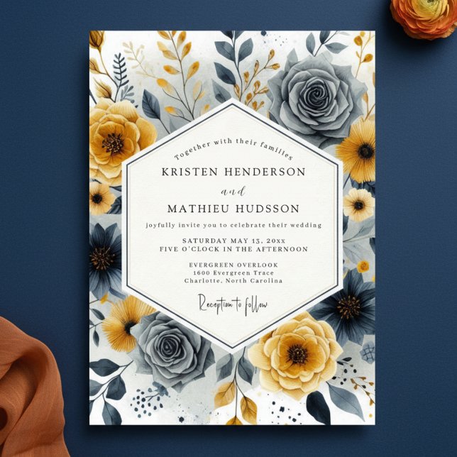 Ochre Grey Floral Whimsy Wedding Invitation (Creator Uploaded)