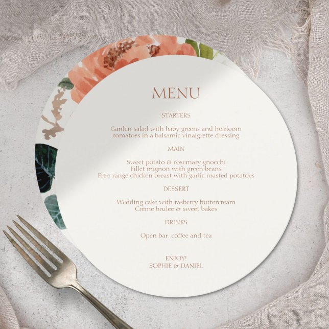 Ochre & Ivory Initials Floral Round Wedding Menu (Creator Uploaded)