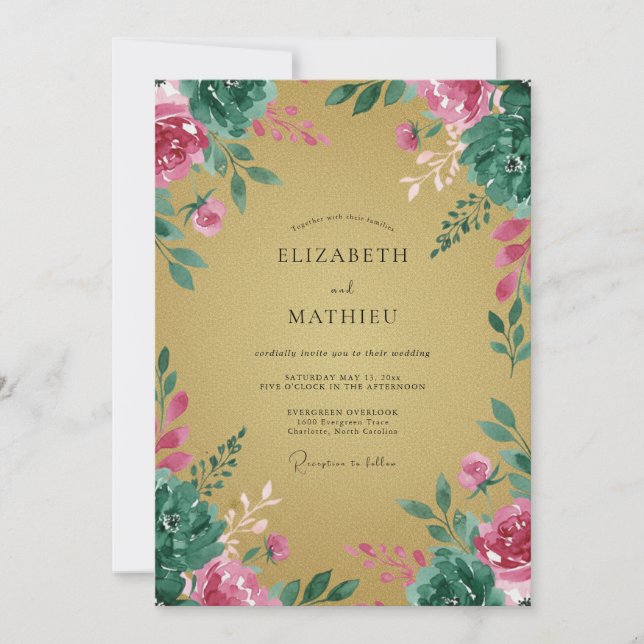 Ochre Magenta Peony Wedding Invitation (Front)