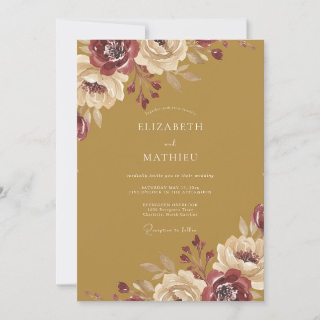Ochre Maroon Ranunculus Eucalyptus Wedding Invitation (Front)