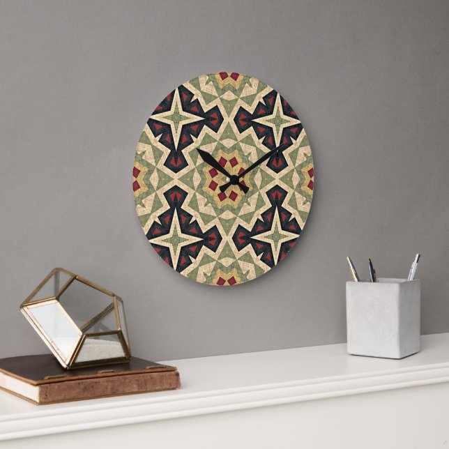 Ochre Mustard Yellow Olive Green Black Tribal Art Large Clock (Office)