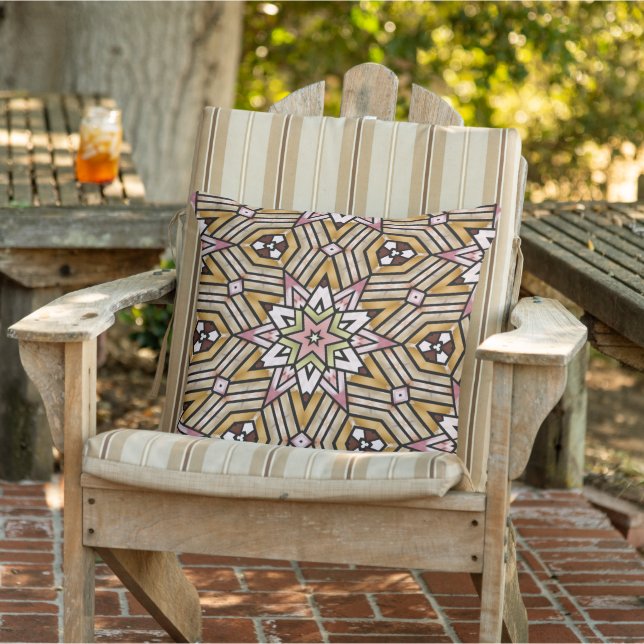 Ochre Mustard Yellow Taupe Brown Pink Tribal Art Cushion (Chair)
