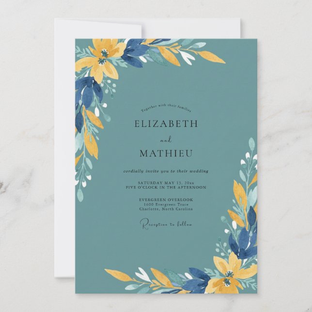 Ochre Navy Watercolor Wedding Invitation (Front)
