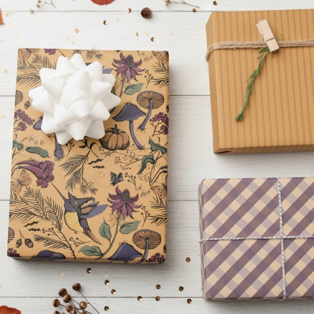 Ochre Orange Hummingbird Witch, Gingham & Stripes Wrapping Paper Sheet (Fall October Birthday Wrapping Paper for Her. Elegant Hummingbird Witch Hat Pattern, Stripes, Plaid)