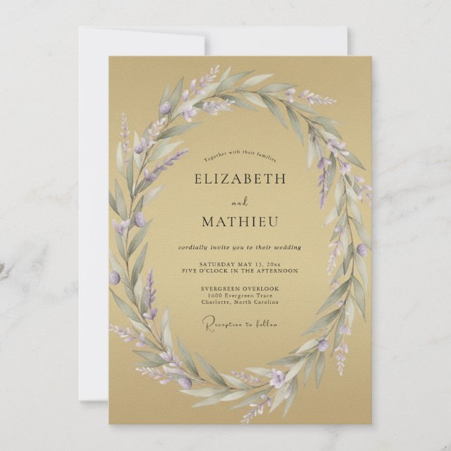Ochre Pale Lilac Wreath Wedding Invitation (Front)