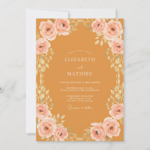 Ochre Peach Peony Wedding Invitation