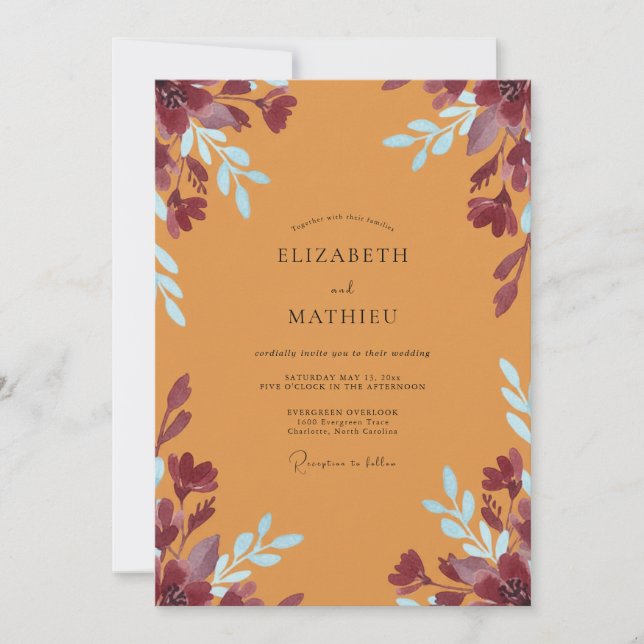 Ochre Plum Leafy Wedding Invitation (Front)