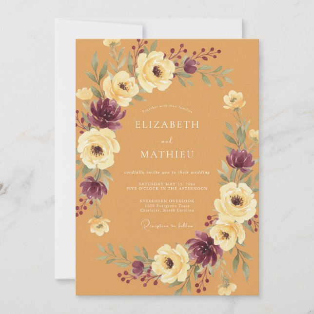 Ochre Plum Wreath Wedding Invitation (Front)