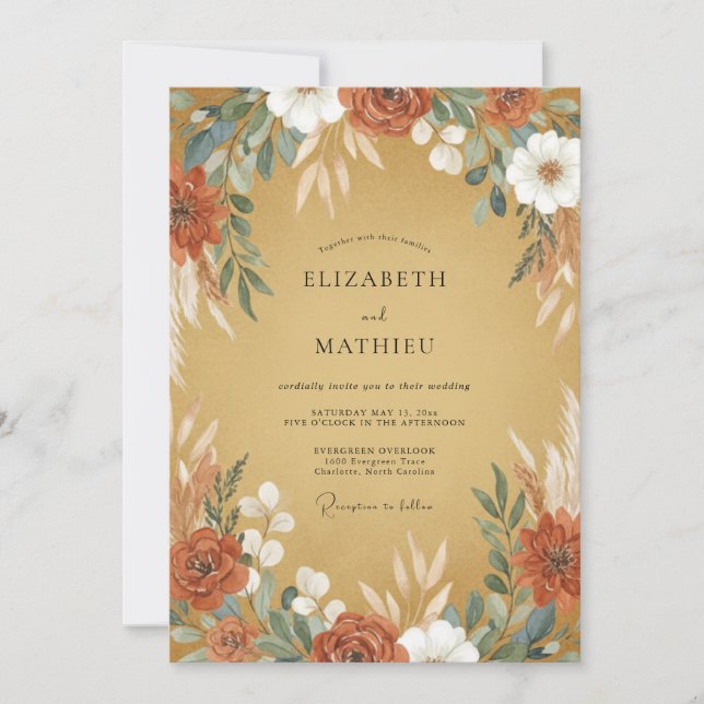 Ochre Rust Ranunculus Eucalyptus Wedding Invitation (Front)