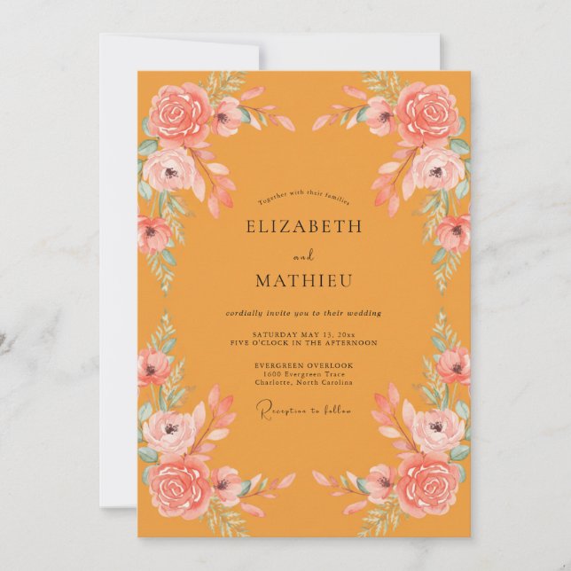 Ochre Salmon Ranunculus Eucalyptus Wedding Invitation (Front)