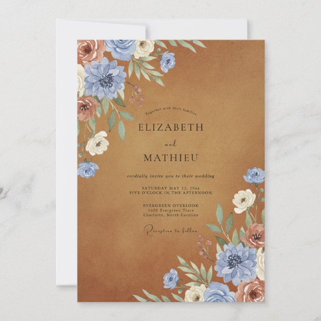 Ochre Sapphire Blossom Wedding Invitation (Front)