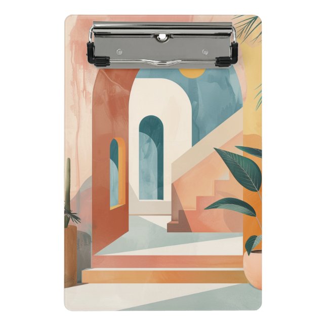 Ochre Teal Mid Century Tropical Archway Art Mini Clipboard (Front)