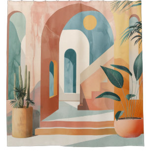Ochre Teal Mid Century Tropical Archway Art Shower Curtain