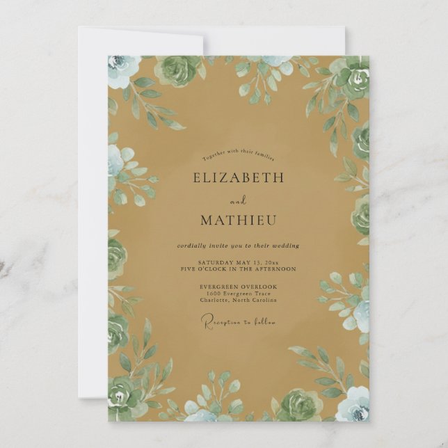 Ochre Watercolor Foliage Wedding Invitation (Front)