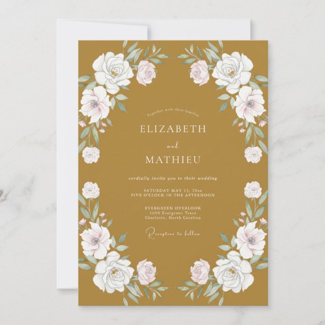 Ochre White Ranunculus Eucalyptus Wedding Invitation (Front)
