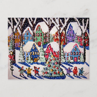 O'Christmas Tree Carolers Winter Folk Art Postcard