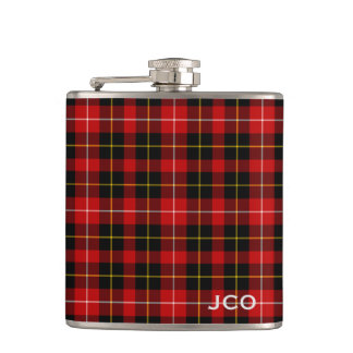 O'Connell Tartan Monogram Red and Black Plaid Hip Flask